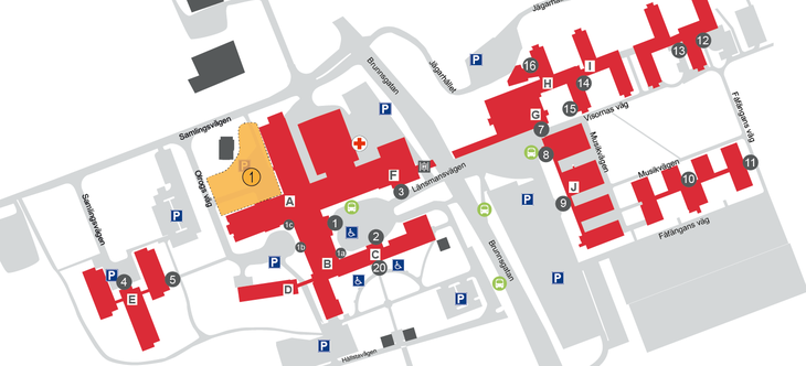 Karta över Nyköpings lasarett som visar pågående byggprojekt