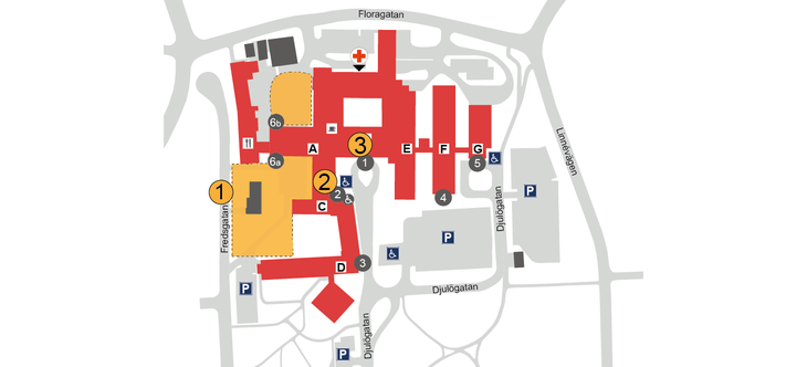 Karta över Kullbergska sjukhuset som visar pågående byggprojekt