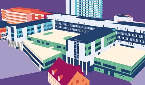 Grafik över den nya vårdbyggnaden E62 på Mälarsjukhuset i Eskilstuna. 